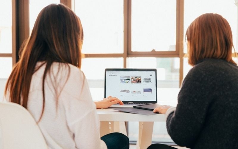 Two people sitting at a desk looking a a computer