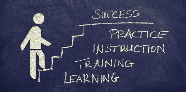 Succeed with Griffith College A figure climbing a staircase to success, with the steps labelled, from bottom to top, Learning, Training, Instruction and Practice