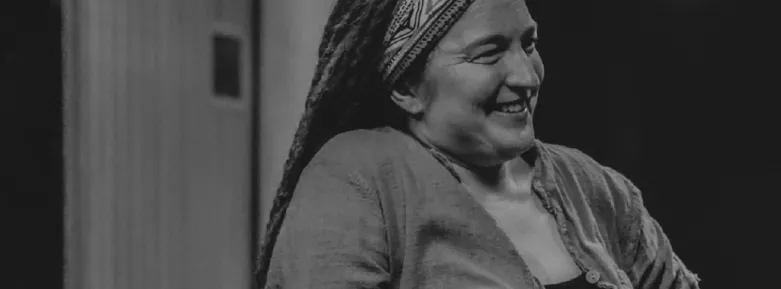 Black and white photography of Fiona Graham smiling.