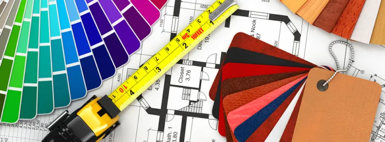 Interior Design equipment: measuring tape, colour samples and house plan