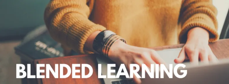 A woman sitting at a desk typing on a laptop, the text says Blended Learning, Does it Work?