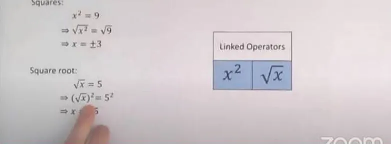 Screenshot of a Zoom video, showing instruction on squares and square roots