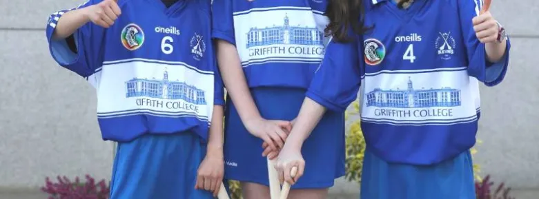 Players from Kevin's Camogie pose on the Griffith College Dublin campus