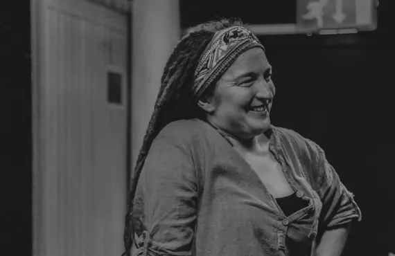 Black and white photography of Fiona Graham smiling.