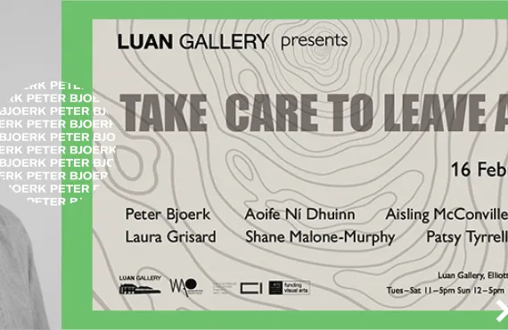 Header image of Peter Bjoerk's headshot. Beside it is a banner image promoting the "Take Care to Leave a Trace" at the Luan Gallery.