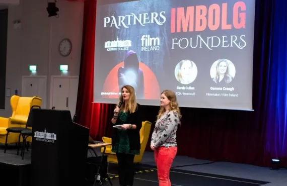 Imbolg Film Festival founders speaking to an audience at Griffith College Dublin