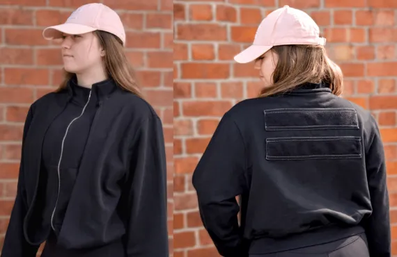 two images of a black jacket worn by a female model