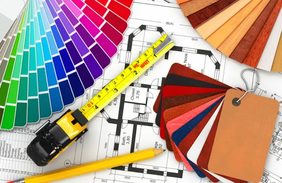 Interior Design equipment: measuring tape, colour samples and house plan