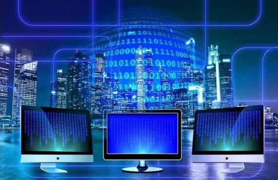 Three computers depicting digital transformation