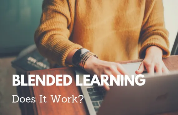 A woman sitting at a desk typing on a laptop, the text says Blended Learning, Does it Work?