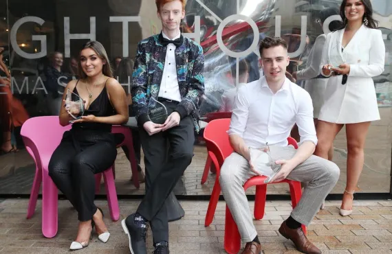 Griffith College film students posing with their awards outside the Lighthouse Cinema, Dublin