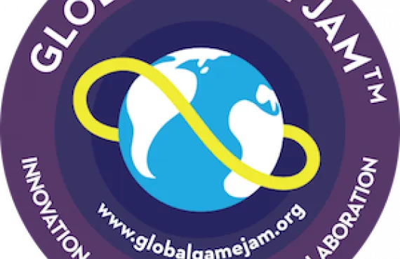 Global Game Jam logo, a globe with a yellow band floating around it; the text underneath says "Innovation, Experimentation, Collaboration," and includes the event's url at globalgamejam.org