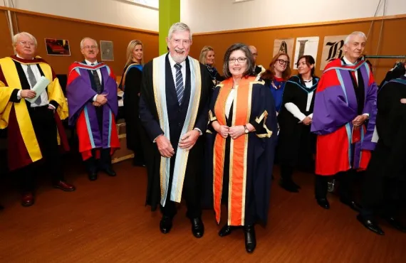 Chair of the Policing Authority Josephine Feehily accepting the Distinguished Fellowship Award from the President of Griffith College Professor Diarmuid Hegarty 