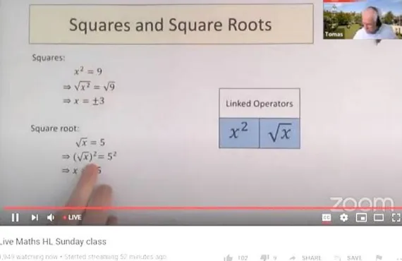 Screenshot of a Zoom video, showing instruction on squares and square roots
