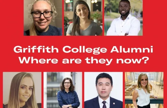 Photo collage of Griffith alumni on a red background with the text "Griffith College Alumni: Where are they now?"