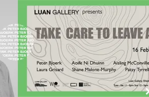 Header image of Peter Bjoerk's headshot. Beside it is a banner image promoting the "Take Care to Leave a Trace" at the Luan Gallery.