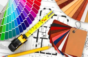 Interior Design equipment: measuring tape, colour samples and house plan