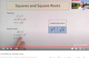 Screenshot of a Zoom video, showing instruction on squares and square roots