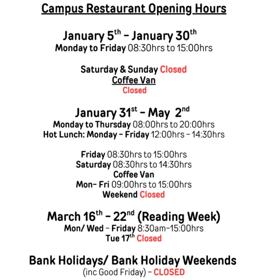 Gather & Gather Restaurant Opening Hours - January - May 2026