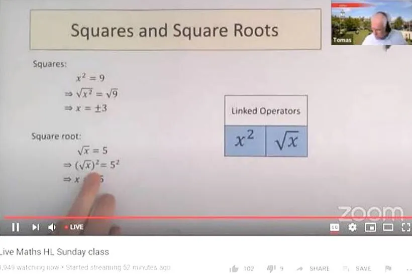 Screenshot of a Zoom video, showing instruction on squares and square roots