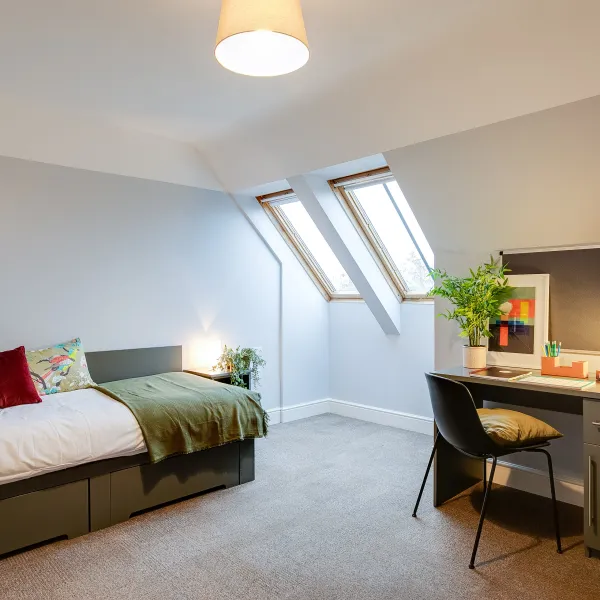a bedroom with a bed and desk in a room