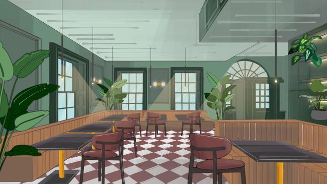 Image shows a rendered illustrative perspective of the restaurant space during the day with sun pouring in through the windows.