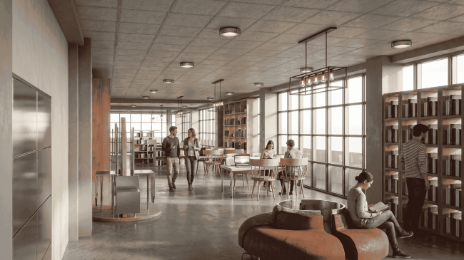 a room filled with furniture and a large window