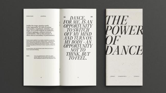 Editorial book layout featuring typography-focused spread and cover design