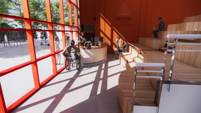 This image shows the interior 3D render of the public coffee pod and social seating area at The Beacon House. The image demonstrates the project's focus on universal design and full accessibility in a designed main space.