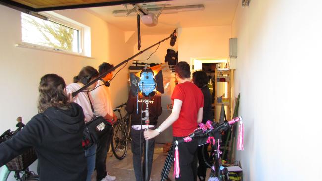 a group of people standing in a room