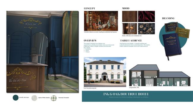 This image shows a concept presentation board for Ink & Oak, showing reception hand render, Victorian library inspiration, mood and material samples, project overview, target audience, branding, façade proposal and a long section.