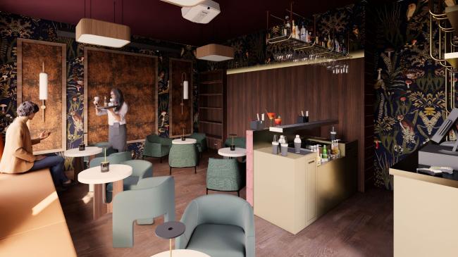Image shows a 3D render of a cocktail bar
