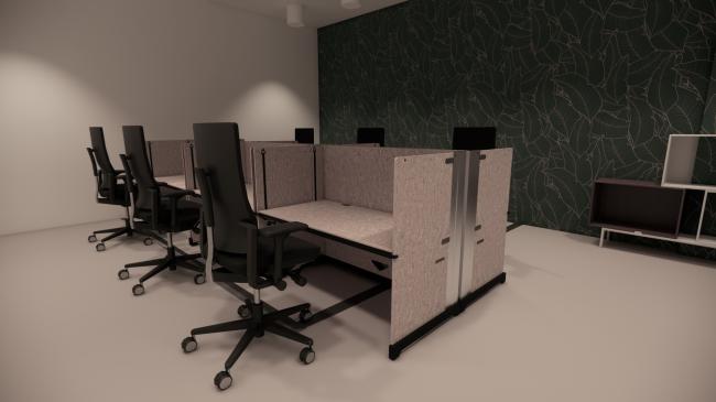 a bedroom with a bed and desk in a room