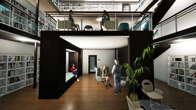 a living area with a building in the background