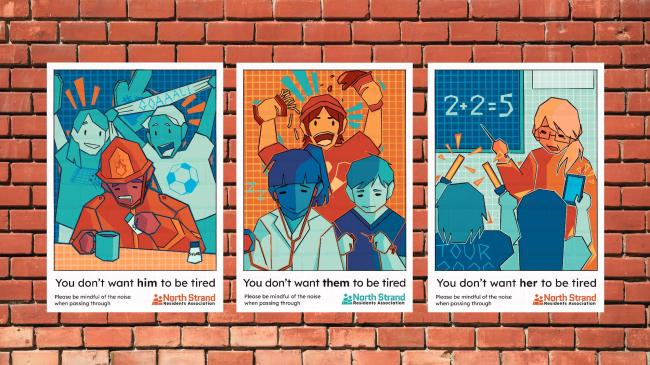 Three posters lined up on a brick wall showing essential workers being disturbed by sports fans. Made in a cartoon style with captions “You don’t want them to be tired”.