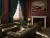 Image shows a lounge render with burgundy panelled walls, teal curtains, leather sofas, armchairs, fireplace, framed impressionist artwork, patterned carpet and warm, atmospheric lighting. 