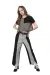 A model in a black, red, and grey top with grey and black panelled trousers.