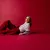 Model in front of red backdrop wearing red wool pants and a white and silver shirt