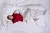 Top view of a model laying in a white bed, wearing a red and white outfit with printed jeans