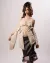 First model wearing a grey satin skirt and beige draped corset, holding one sleeve of the garment in her hand, standing against a white backdrop