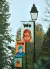 Three street lamp banners portraying different people with a caption “We live here”. In a cartoon style.