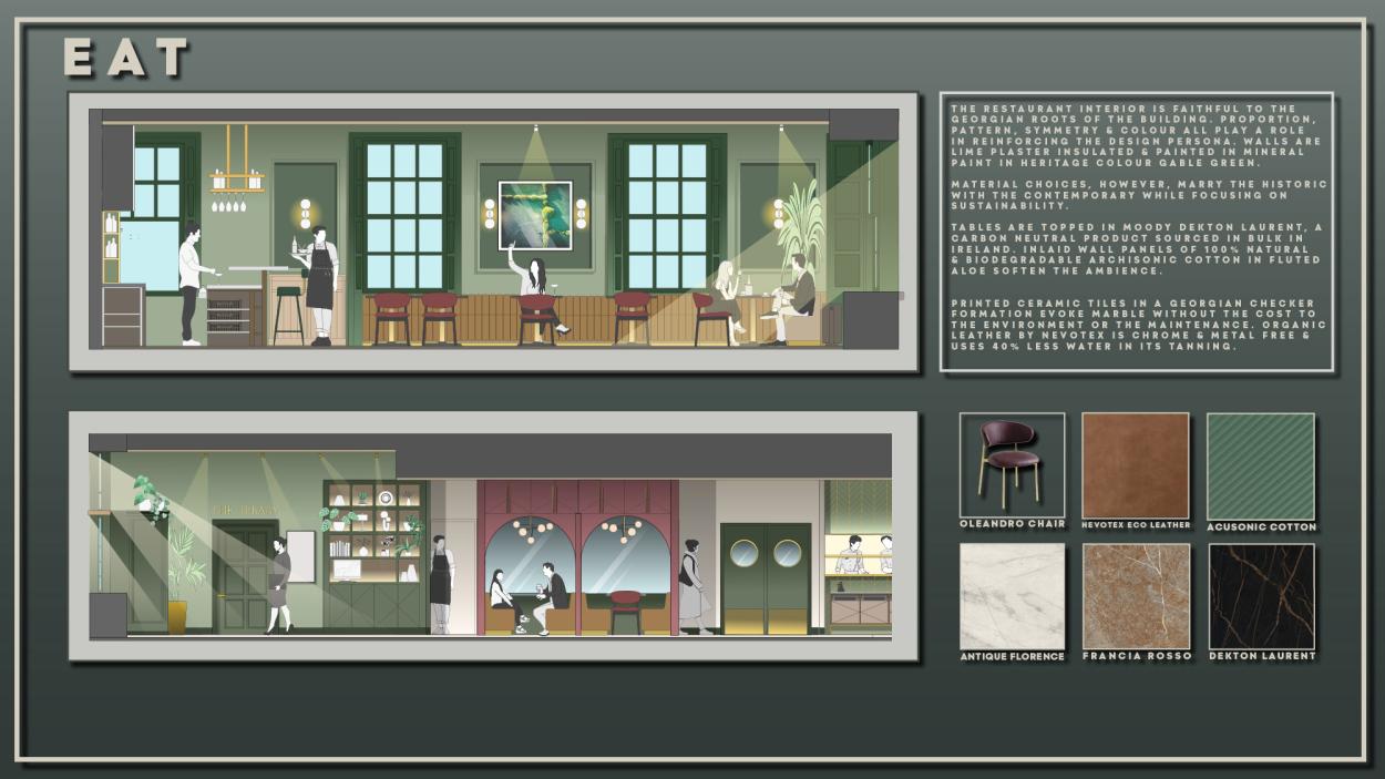 Image shows two rendered sections of the restaurant space with a brief description and a grid of material samples