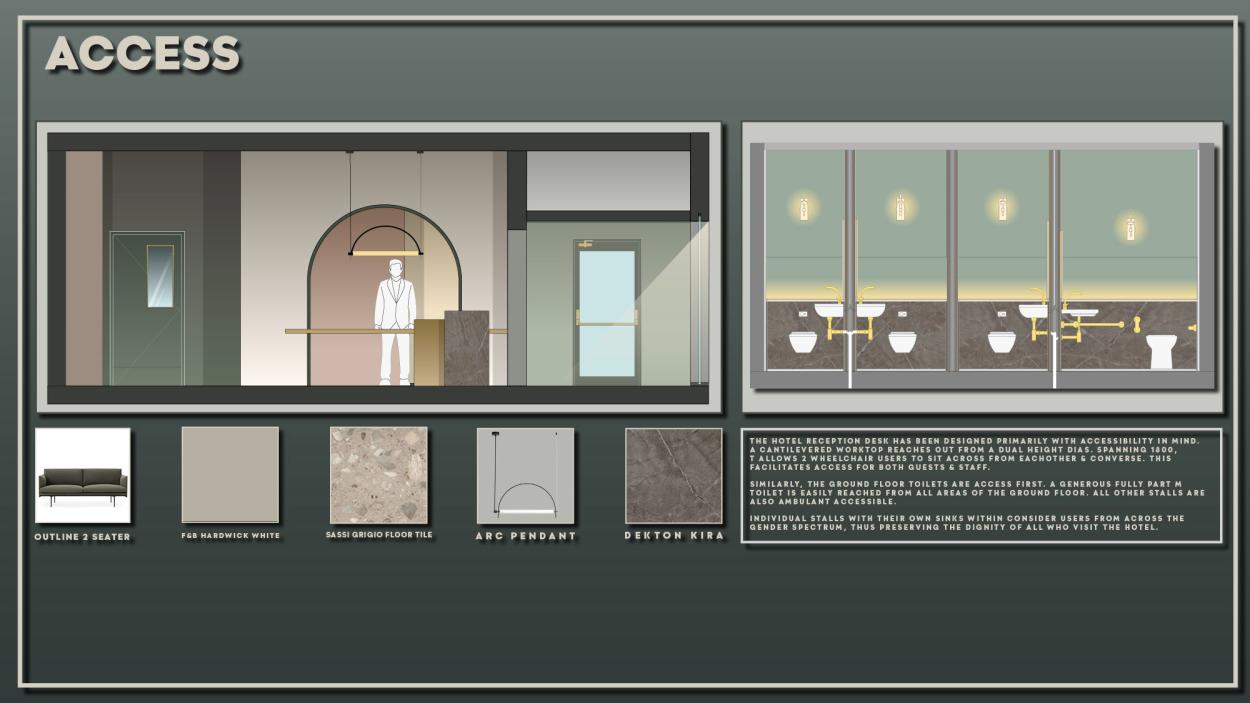 Image shows elevations of hotel reception and main toilets, speaking briefly about accessibility measures. There is also a small selection of material choices for the reception