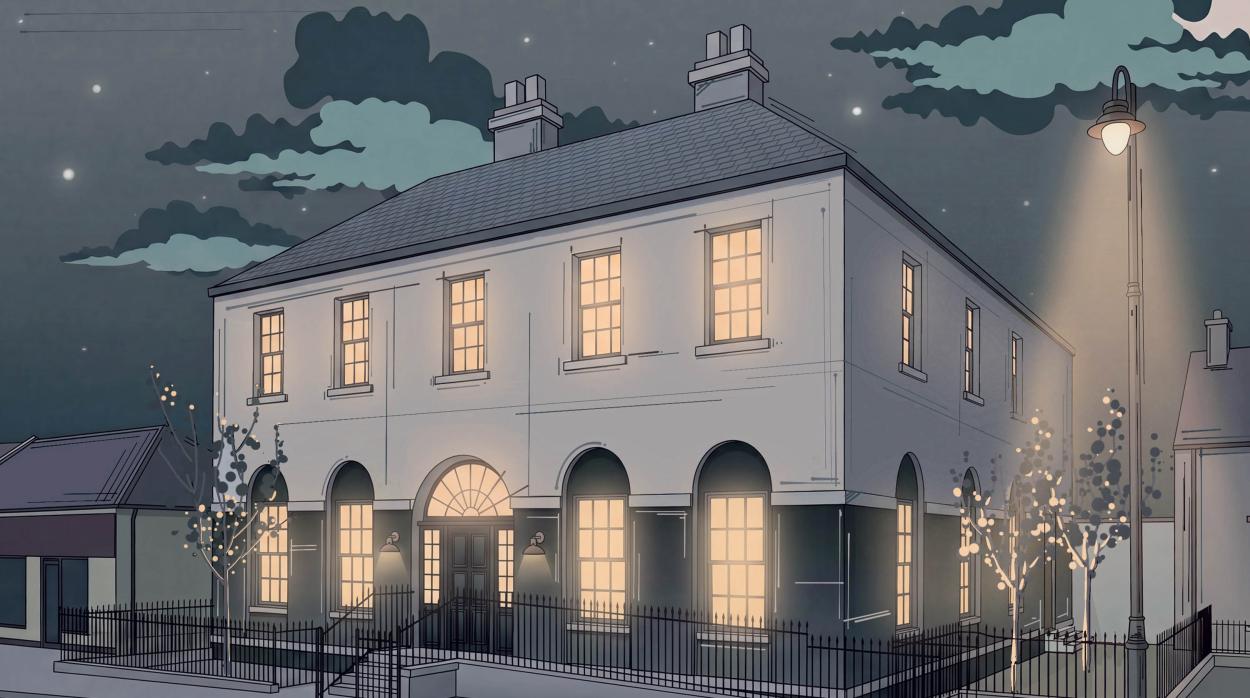 Image shows an external render of the building at night, with a glow emanating from all windows casting light on the small number of trees outside.