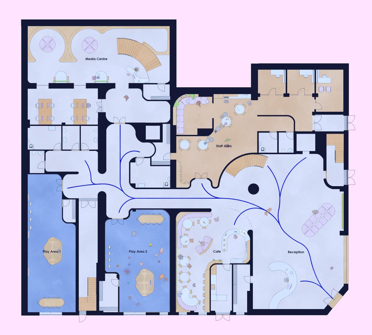 A floor plan that depicts the layout of the ground floor, where the pathway is clearly visible, as well as the different floor finishes for the different functions. 