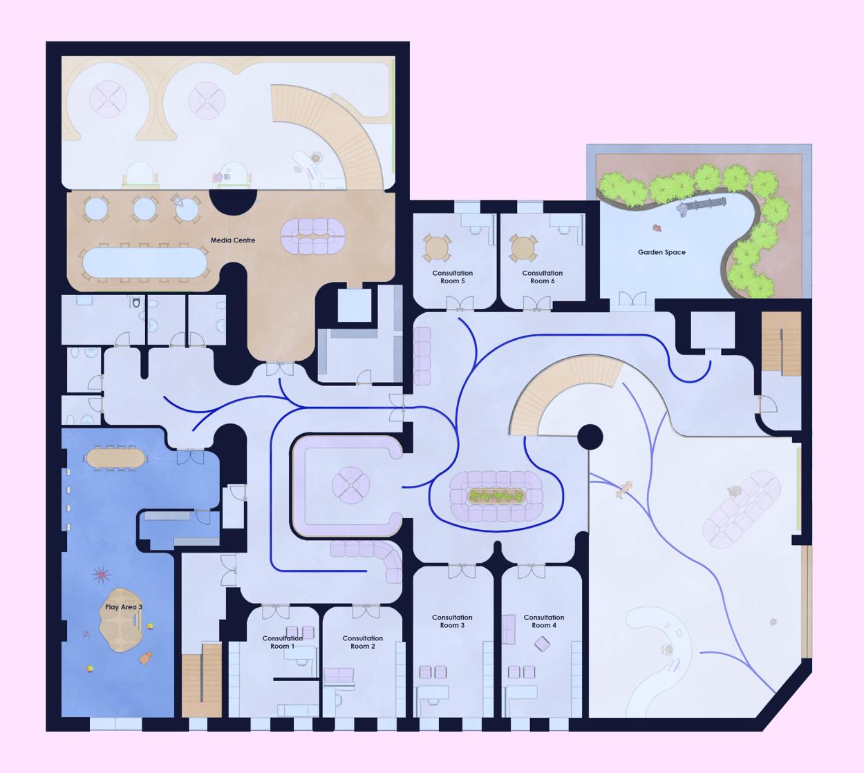 A floor plan that depicts the layout of the first floor, where another pathway is clearly visible. The double-height spaces are illustrated in the reception and the media centre