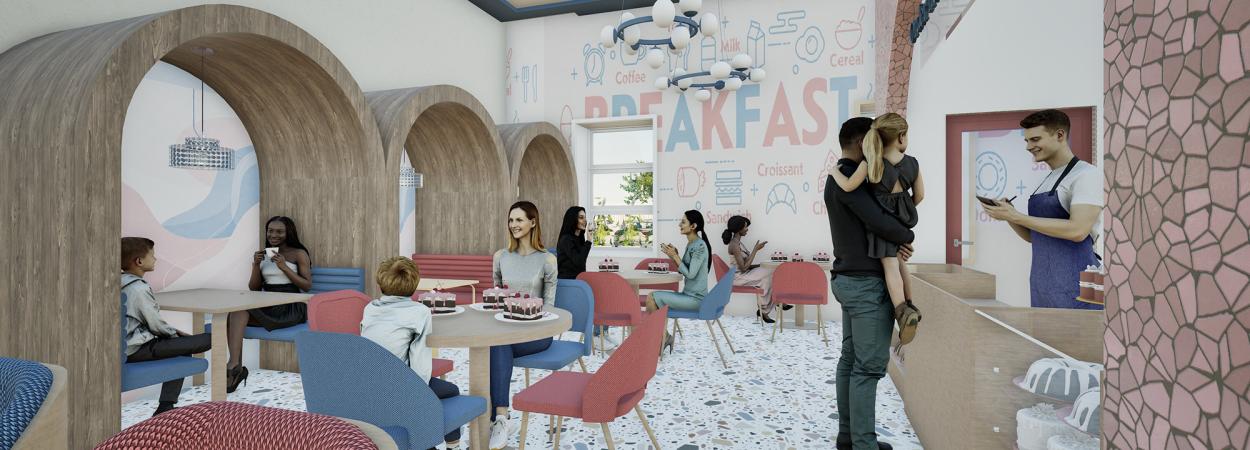 A vibrant café within the early learning centre featuring soft pastel interiors, terrazzo flooring, curved timber booth seating, playful graphics, and family-friendly dining spaces designed to create a warm and welcoming environment for children and parents.    