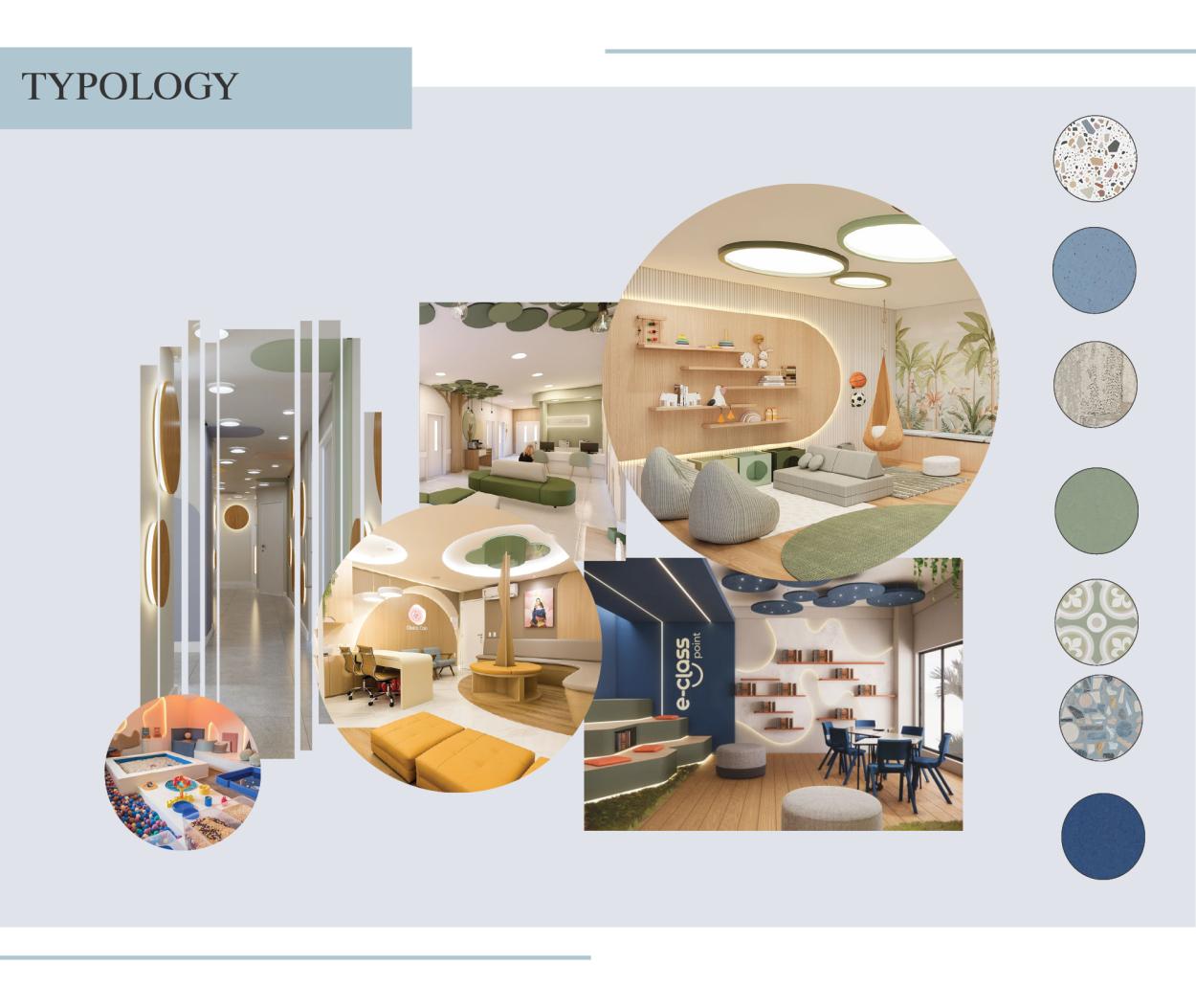 A typology board showcasing interior design inspirations for the early learning centre, featuring soft curved forms, sensory play spaces, calming lounge areas, playful learning environments, and a material palette of terrazzo, soft greens, warm neutrals, and blue accents that create a nurturing and engaging atmosphere for children. 