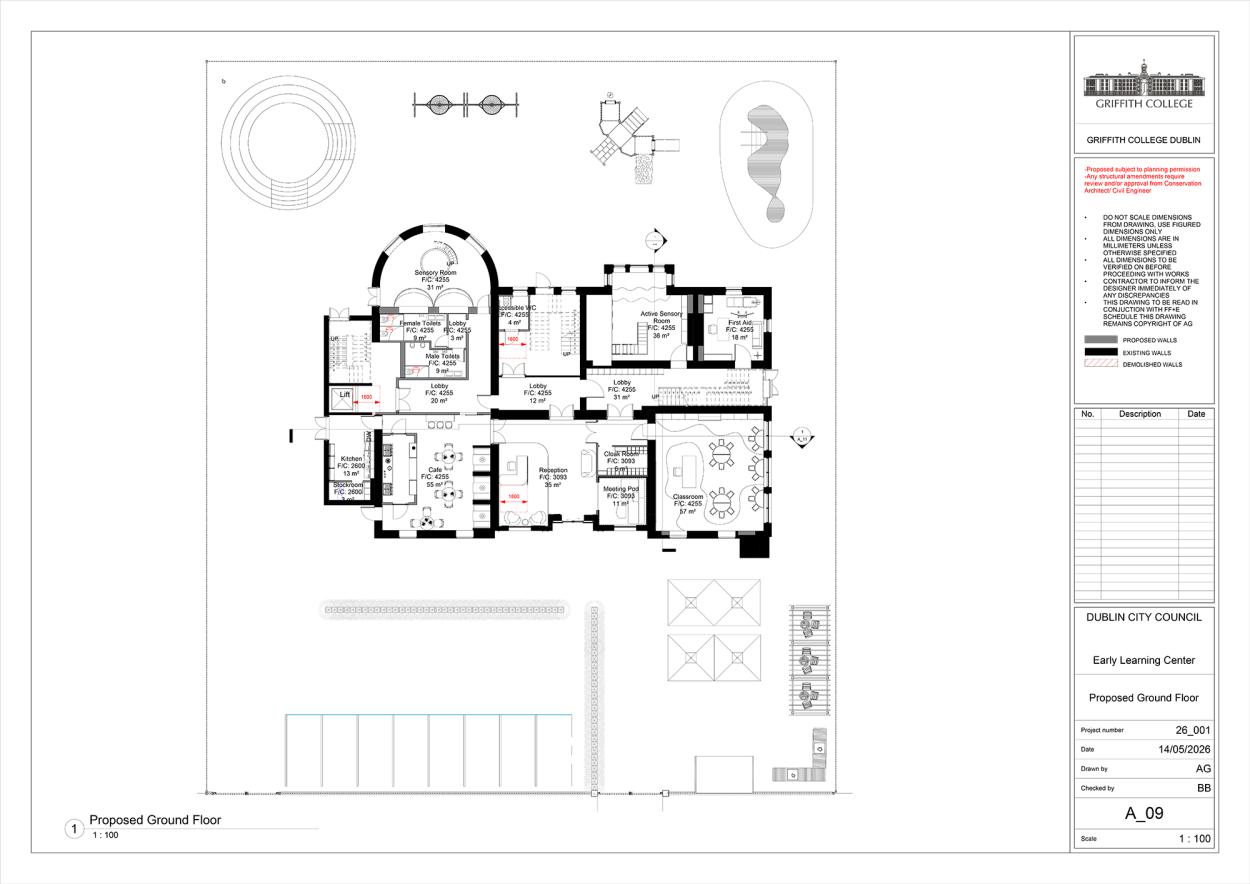 A proposed ground floor architectural plan for the Village of Many Minds Early Learning Center, illustrating the spatial layout of key areas including the café, reception, classroom, active sensory room, sensory room, meeting pod, kitchen, first aid room, toilets, circulation spaces, and external landscape elements.      