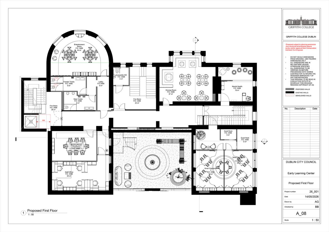 A proposed first floor architectural plan for the Village of Many Minds Early Learning Center showing the layout of key spaces including the entertainment room, dining area, mental health room, meeting room, staff office, classrooms, quiet nooks, circulation areas, and the glass garden.